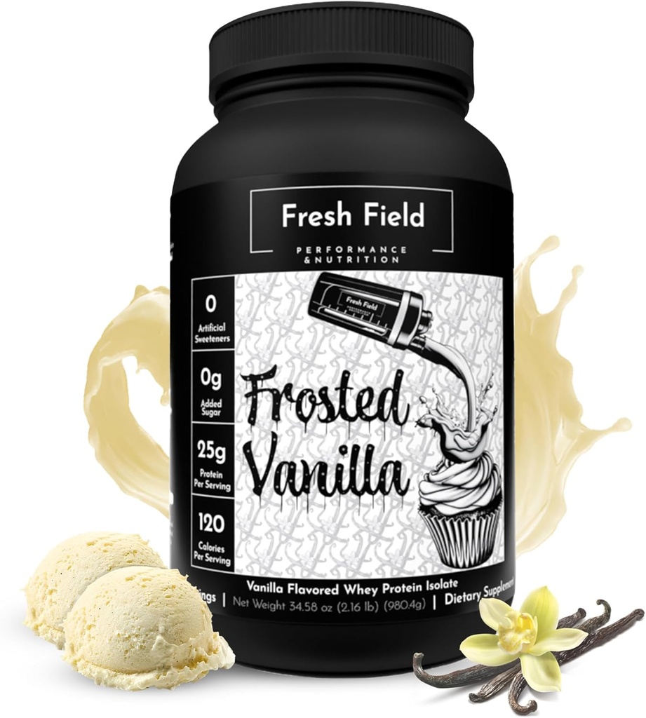 Polvere di proteine della vaniglia di campo fresco - isolato di proteine del siero di 25g, senza glutine e senza soia, senza zucchero, 30 Serve - polvere naturale di proteine del siero di latte per allenamenti di fitness e nutrizione - 2,6 lb
