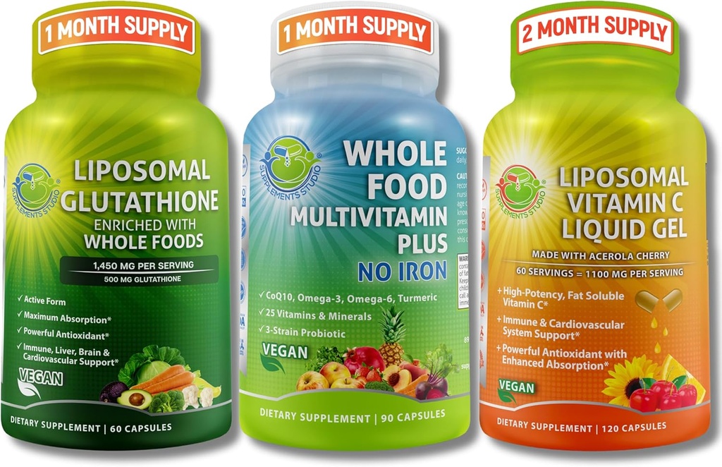Daily Immune, Antiossidante & Energy Support Bundle – Liposomal Glutathione 500mg con Whole Foods + Liposomal Vitamin C 1100mg Liquid Gel + Vegan Whole Food Multivitamin Senza Ferro