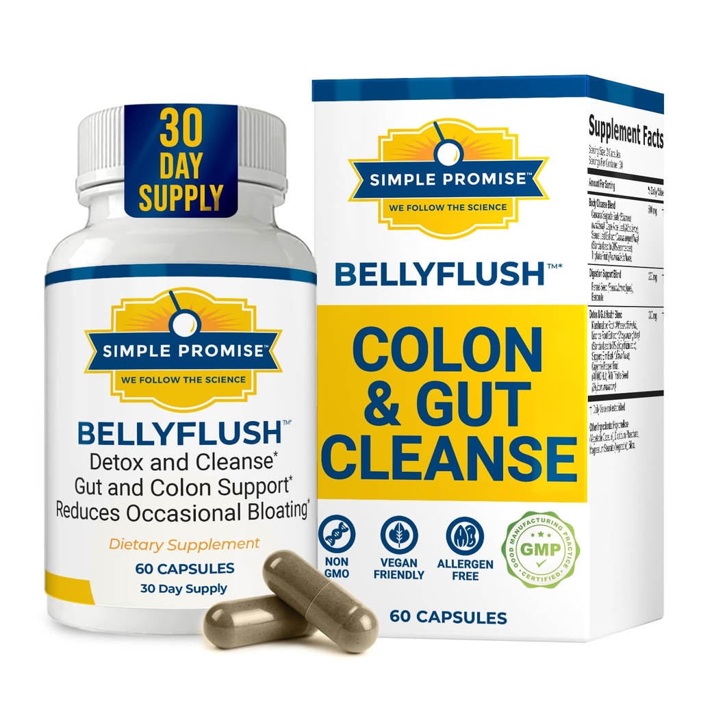 BellyFlush - Gentle Colon & Gut Cleanse Supplemento con latte Thistle & Bentonite Clay - Supporta costipazione, Debloat, Digestivo Detox & Flushing - 60 capsule
