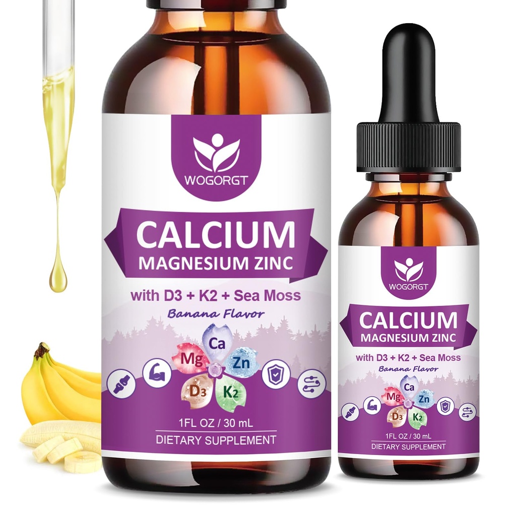 Citrato di calcio 1000mg con vitamina D3 per le donne e gli uomini - Liquido calcio magnesio zinco D3 K2 supplemento per ossa, denti di sostegno, zucchero libero, vegano, banana aroma - 1 Fl Oz (2 Confezione)