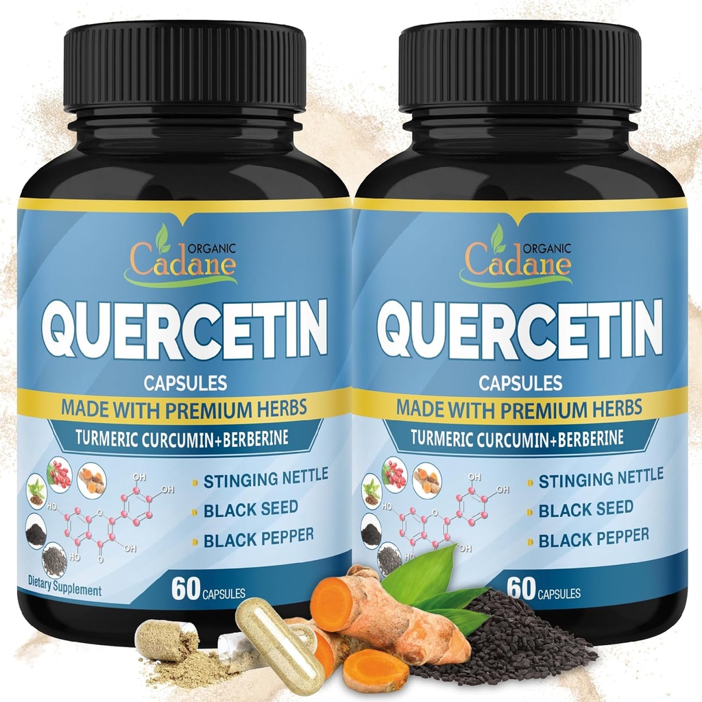 Organic Cadane 2 Packs Quercetin Supplementi Capsule, 6in1 con Turmerico, Berberina, ortica, Seme Nero, Pepe Nero - Supporta Sistema immunitario - 4 Mesi di alimentazione
