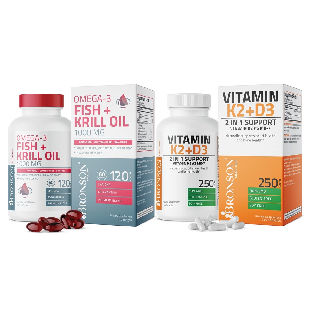 Bronson vitamina K2 (MK7) con D3 supplemento Omega-3 Pesce + Krill olio 1000 MG
