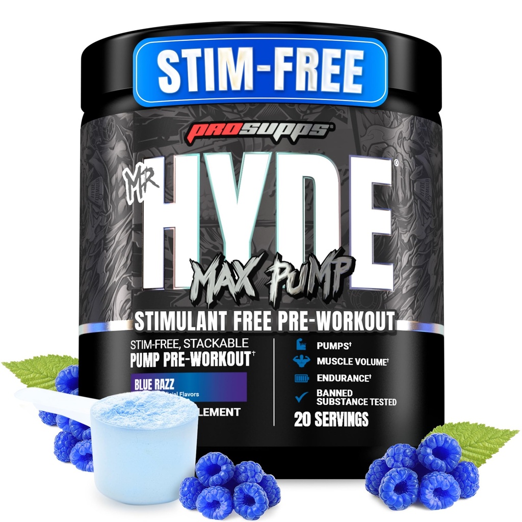 ProSupps Mr. Hyde Max Pompa Pre Workout Polvere - Stim-Free Preworkout Supporta il flusso sanguigno, Volume muscolare & Endurance - Caffeina-Free Nitric Oxide Gym & Fitness Supplements (Razz blu, 20 Servings)