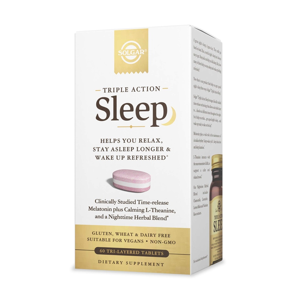Solgar Triple Action Sleep, 60 Tavole Tri-Layer - Time-Release Melatonin & L-Theanine Plus Herbal Blend - Ti aiuta a rilassarti, Autunno Asleep Fast & Stay Asleep Longer - Non-GMO, Gluten Free - 60 Servings