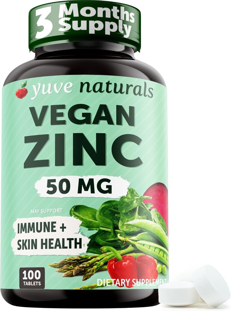 Yuve Naturals Vegan Zinc 50 mg - Zinc Gluconate per il supporto immunitario e della pelle - Gluten Free, Non OGM, Plant Based - 100 compresse facili da ingoiare