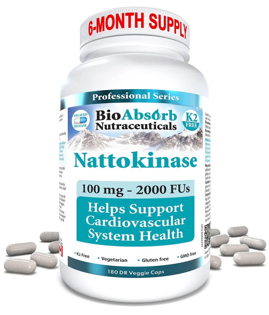 Bio Absorb Nattokinase Supplemento. 100 mg, 2000 FU. 6 mesi di fornitura. Non-GMO Natto estratto Enzyme (180 Veggie Caps)