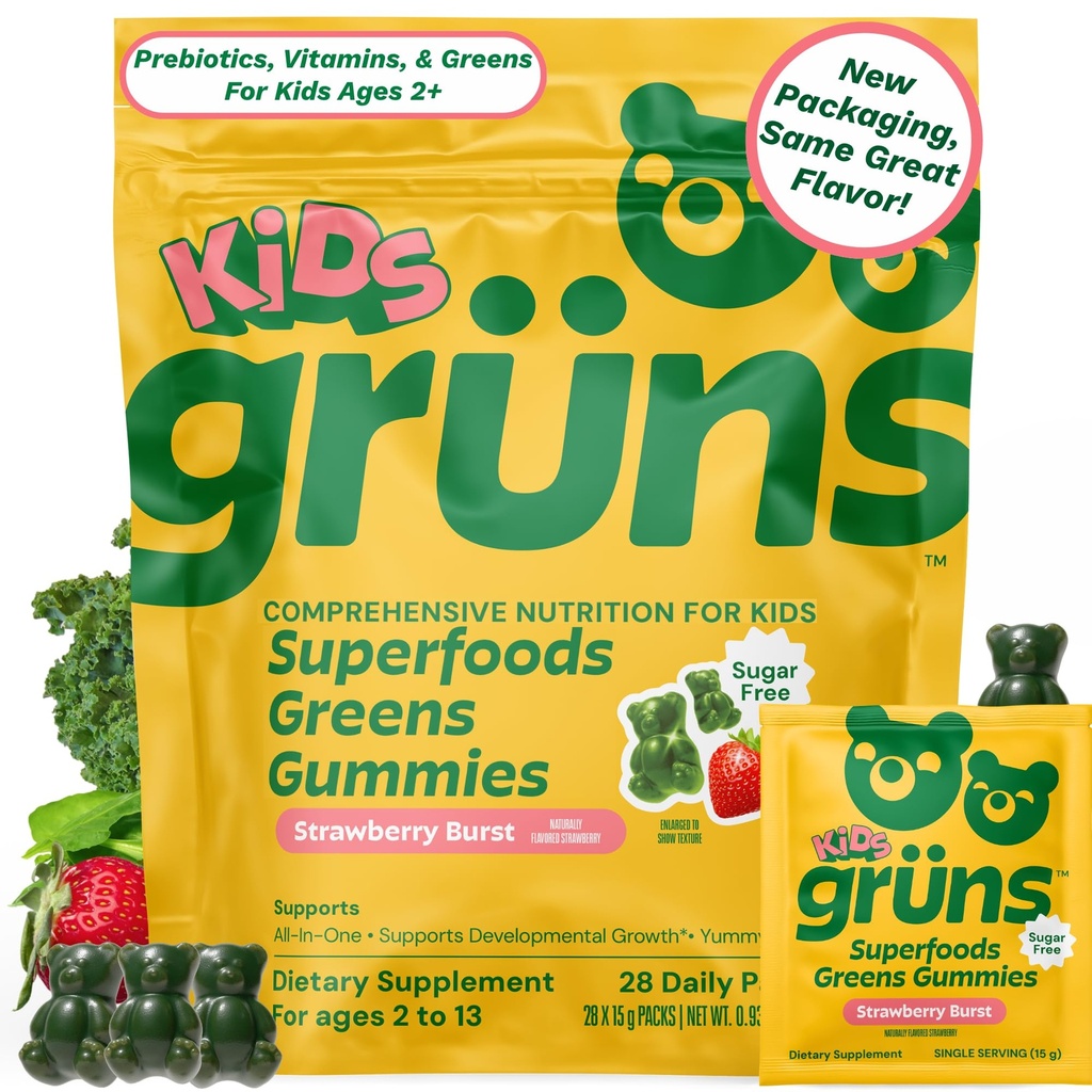 Gruns bambini vitamine, Super Greens Gummies, Zucchero-Free Superfood Gummy Bears con Spirulina, clorella, prebiotici fibra per la salute digestiva, supplemento di adaptogeni, 20 vitamine e minerali, 28 giorni Confezione
