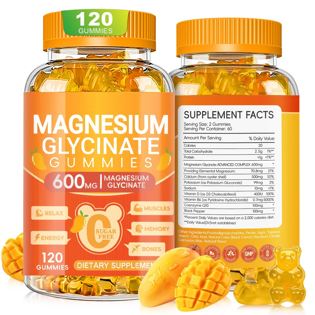 Magnesio Glycinate Gummies 600mg, Chewable Sugar Free Potassium Magnesium Gummies con Magnesio Glycinate, Vitamina D, B6 e CoQ10 per il sonno, Rilassamento, Cervello & Muscolo, 120 Count