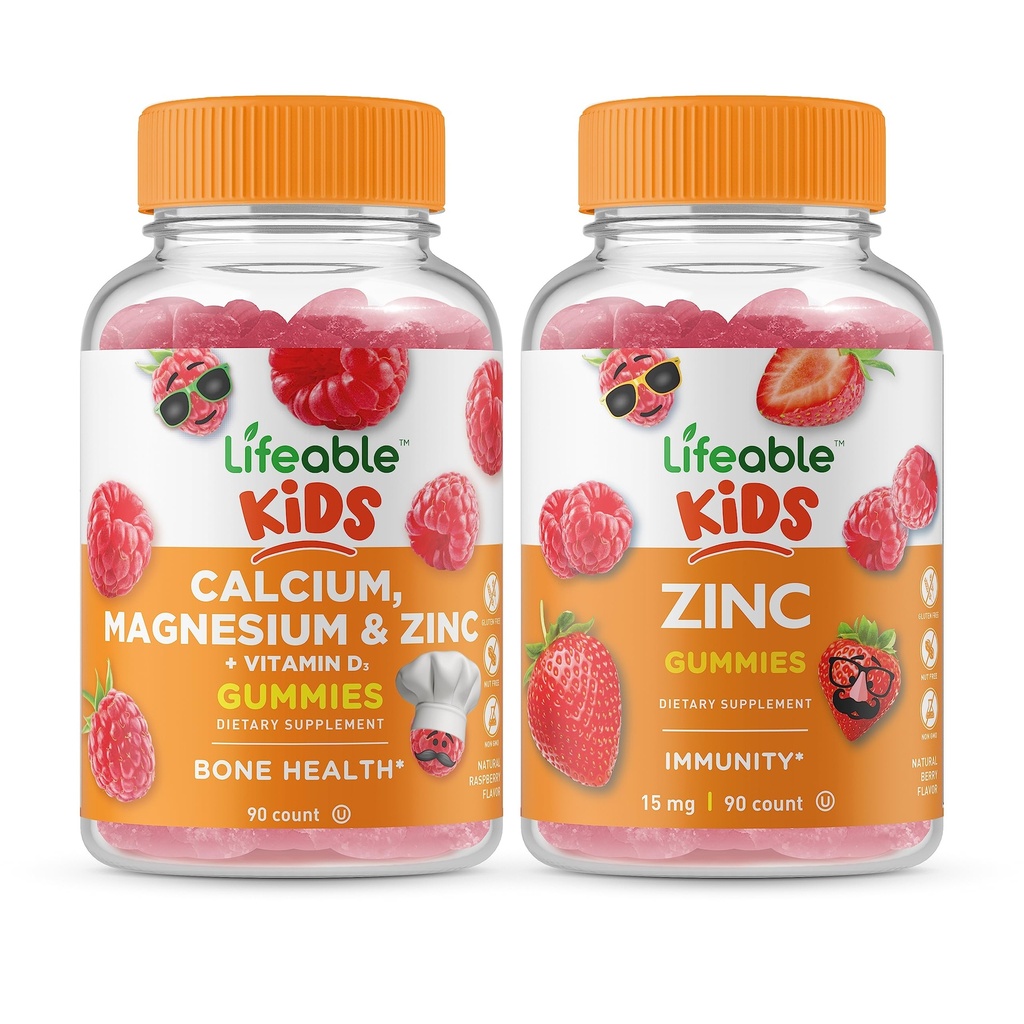 Magnesio di calcio di vita & zinco bambini + bambini di zinco, gommoni Bundle - Grande degustazione, supplemento di vitamina, senza glutine, GMO libero, pancia masticabile