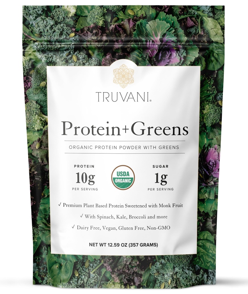 Truvani Protein + Greens Supplemento | Spinach, Kale & Broccoli | 10g Organic Plant Based Protein | 20 Servings | USDA Organic | Gluten & Dairy Free | Vegan | No Aggiunto Sugar