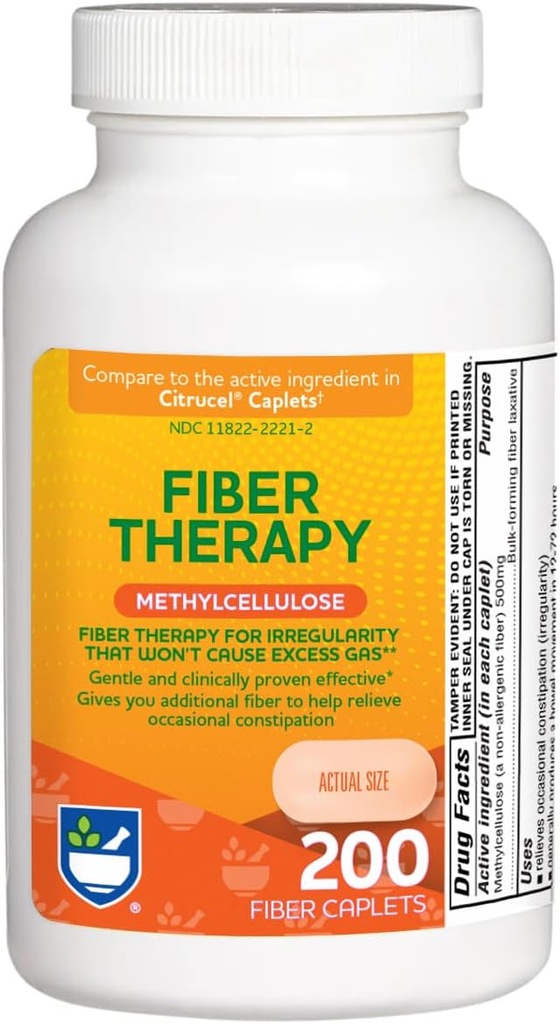 Rite Aid Fiber Terapia Soluble Fiber Supplement 200 Caplets, 500 mg di metilcellulosa, Lassativi per costipazione, Pillole di fibra per adulti
