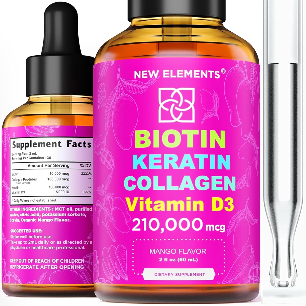 Peptidi di collagene di biotina liquida & vitamina D3 per la crescita dei capelli MCT olio gocce 210,000mcg – potente formula per la pelle e le unghie dei capelli, più avanzato supplemento di crescita dei capelli per le donne & uomini