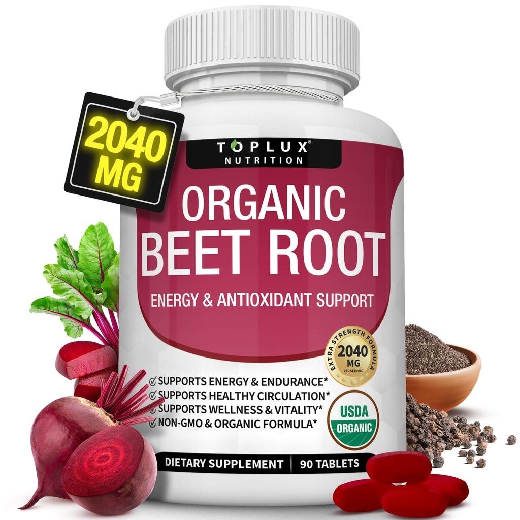 Compresse in polvere di radice di barbabietola organica - 2040mg Beet di ossido nitrico naturale per sostenere, energia, pepe nero Migliore assorbimento, non OGM, per le donne degli uomini, 90 compresse