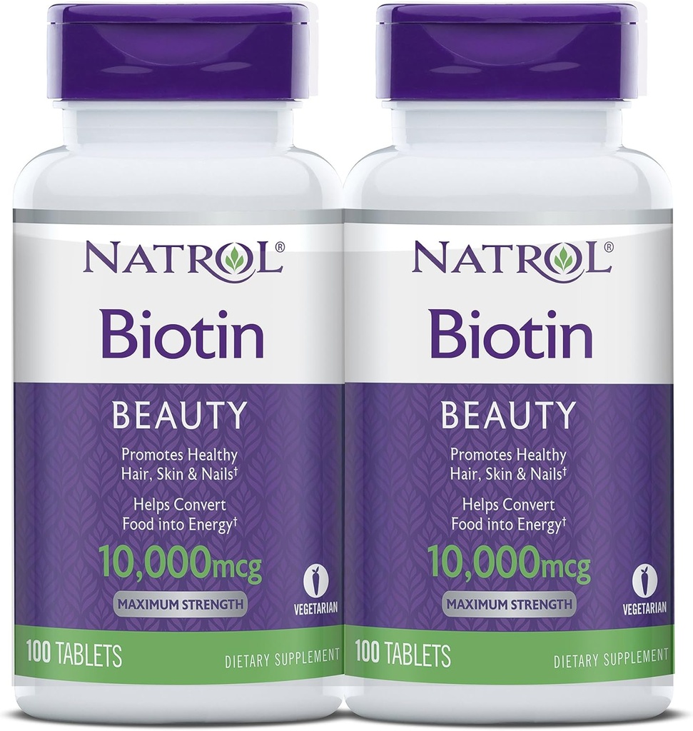 Natrol Biotin Beauty Tablets, promuove capelli sani, pelle e chiodi, aiuta a sostenere il metabolismo energetico, aiuta a convertire il cibo in energia, massima resistenza, 10.000mcg, 100 conte (pacchetto di 2)