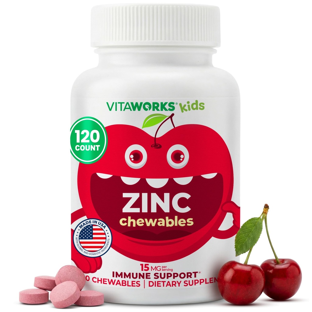 Bambini Zinc 15mg Chewable Tablets - Natural Cherry Flavor - Vegan, Vegetariano, OGM-Free, Gluten Free, Nut Free Vitamins - Integratore alimentare per il supporto immunitario - per i bambini - 120 Chewables