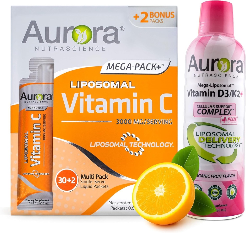 Aurora Nutrascience Mega Liposomal Vitamina C 32 Pack + Vitamina D3/K2 Bottiglia Bundle - Supplemento per Supporto Immune & Salute Cognitiva - 32 Serve Ogni