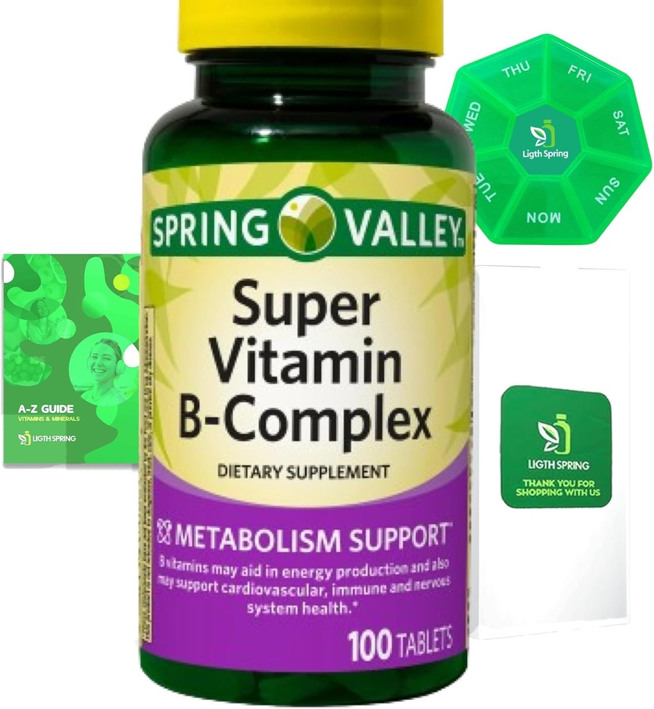 Super Vitamina B-Complex 100 compresse Integratore alimentare Bundle Esclusiva Meglio Ligth&Spring Guida + Organizzatore settimanale di pillole (3 articoli)