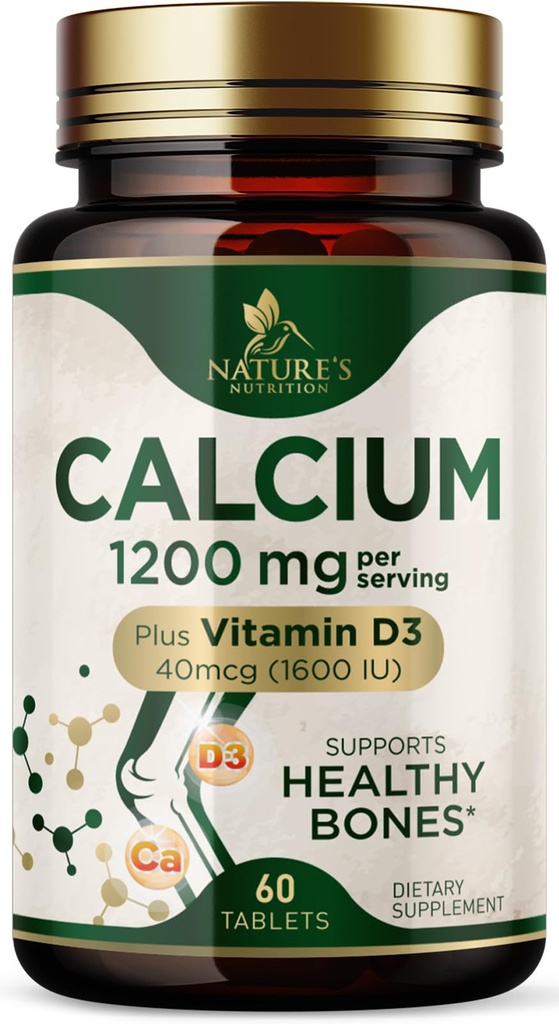 Calcium 1200 mg con vitamina D3 - Integratore di salute del chiodo, Integratori di vitamina D e calcio per le donne e gli uomini - Bone Forza, Teeth & Supporto immunitario, Pillole di calcio della natura, Bottigliato negli Stati Uniti - 60 compresse