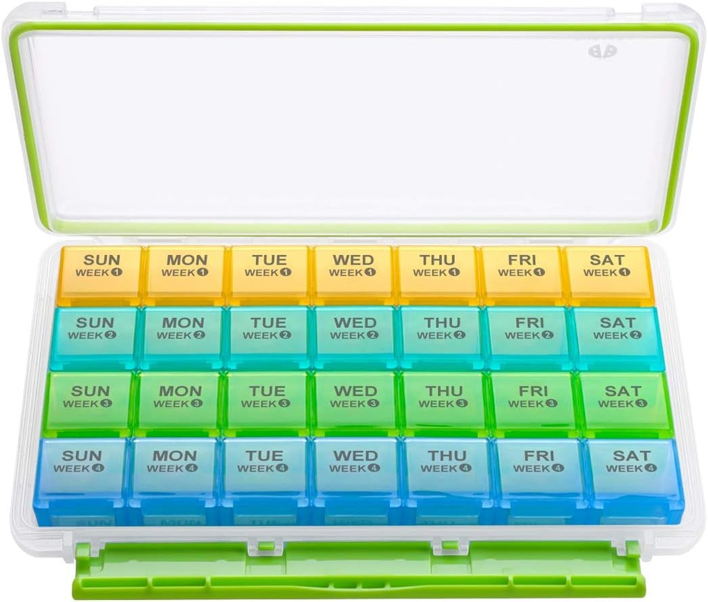 BUG HULL Organizzatore mensile di pillole, Moisture-Proof grande 28 giorni scatola di pillole con rimovibili 4 settimane Pill Case righe, organizzatore di pillole di medicina, organizzatore di pillole di viaggio con un mese contenitore di pillole per la vitamina