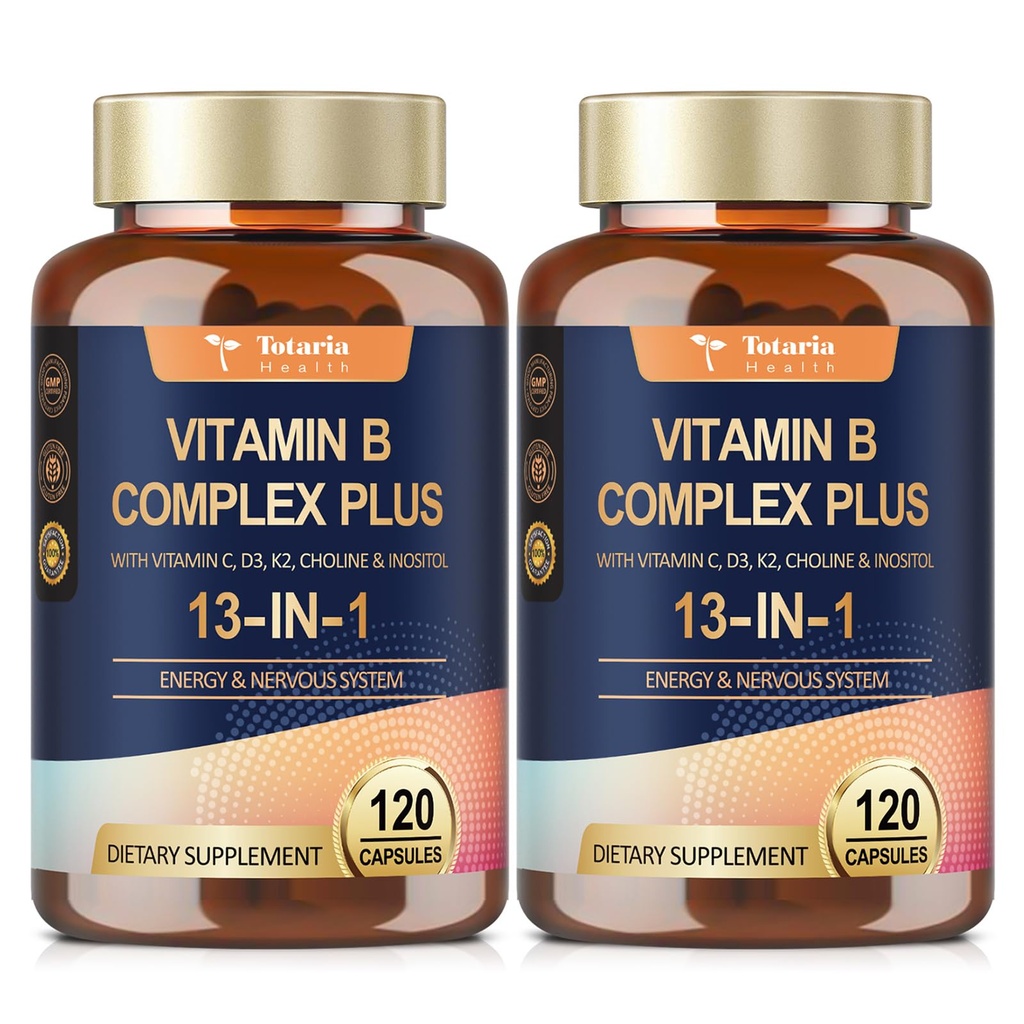 13-in-1 Vitamina B Complex Plus con Vitamina B1, B2, B3 (Niacina), B4, B5, B6, B7 (Biotina), B8 (Inositolo), B9 (Folato), B12, C, D3, K2 per l'energia, Nerve, Immune, Pelle - 120 Caps per bottiglia - 2 Bottiglie