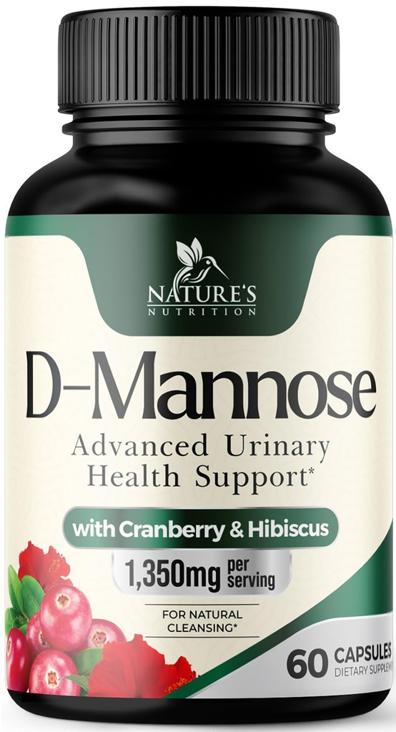D-Mannose Supplemento 1,350 mg con Mirtillo & Hibiscus - Efficace azione rapida, Flush Le impurità per la vescica naturale, Urinary Tract Health Support, per le donne e gli uomini, Non-OGM, Vegan, 60 capsule