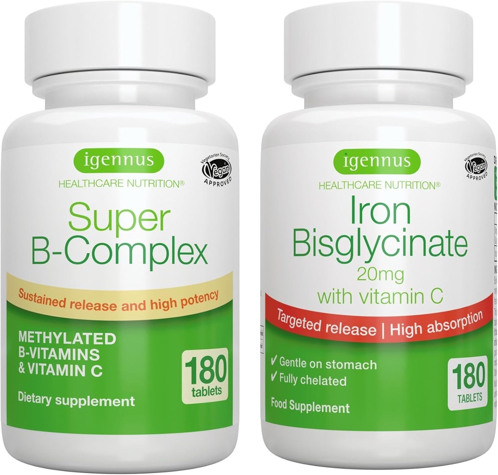 Super B-Complex & High Absorption Iron Bisglycinate 20mg con vitamina C, Vegan Bundle, Methylated Sustained Release B Complex & Gentle One-a-Day Iron con Targeted Release, di Igennus