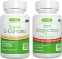 Super B-Complex & High Absorption Iron Bisglycinate 20mg con vitamina C, Vegan Bundle, Methylated Sustained Release B Complex & Gentle One-a-Day Iron con Targeted Release, di Igennus