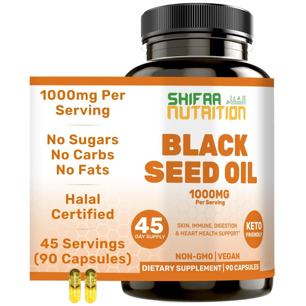 SHIFAA NUTRITION Halal Black Seed Oil | 1000mg 45 Servings | Nigella Sativa, Kalonji | Supporti Capelli, Pelle, Giunti, Immune, Cuore, Digestione
