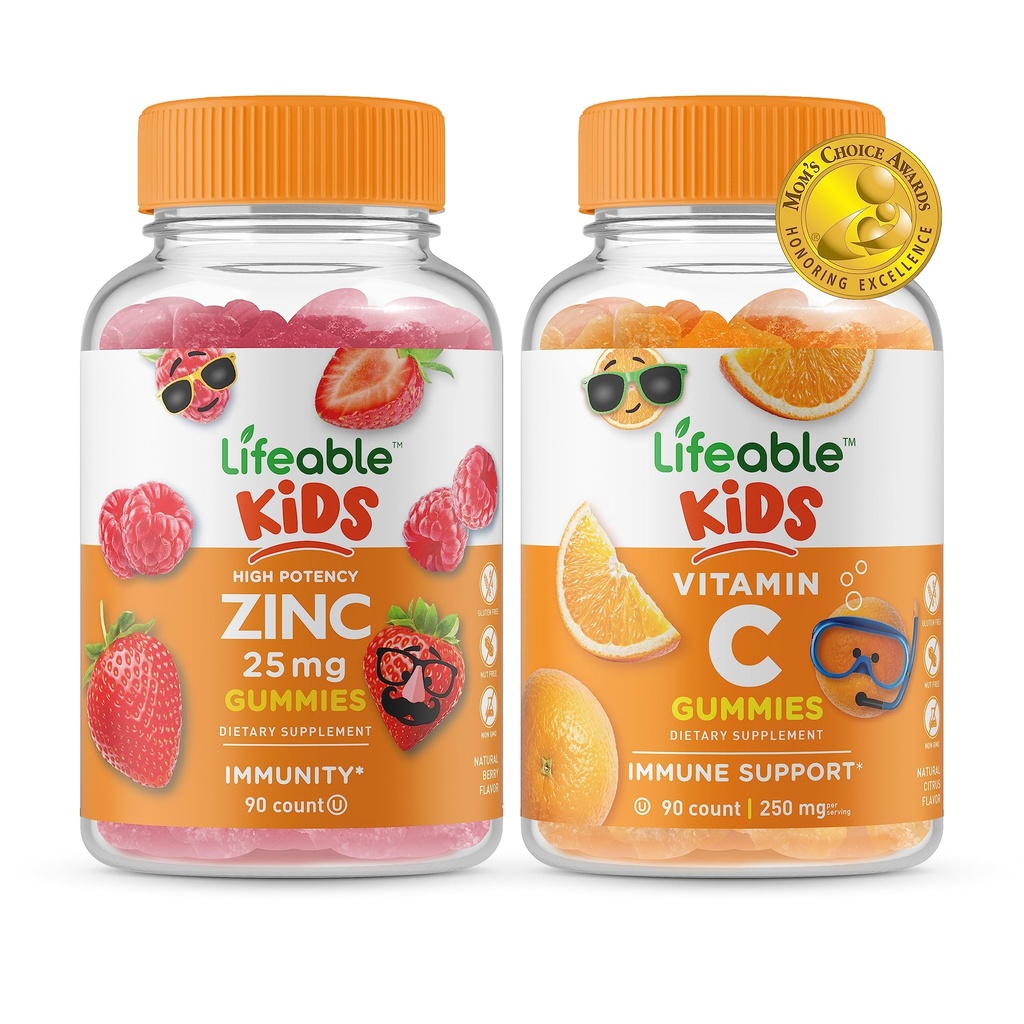 Zinco vitale 25mg Bambini + Vitamina C Bambini, Gummies Bundle - Grande Degustazione, Supplemento alla vitamina, Senza glutine, OGM libero, pancia masticabile