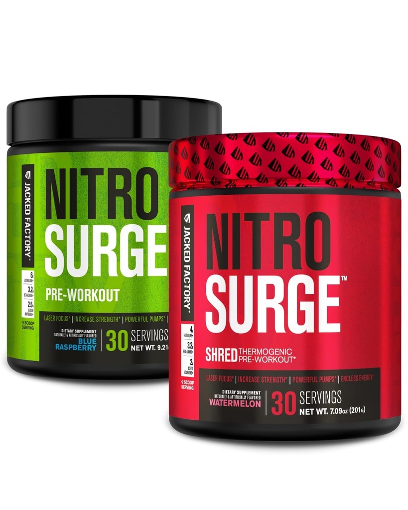 Jacked Factory Nitrosurge Pre-Workout in Blue Raspberry & Watermelon Nitrosurge Shred termogenic Pre-allenamento per uomini e donne