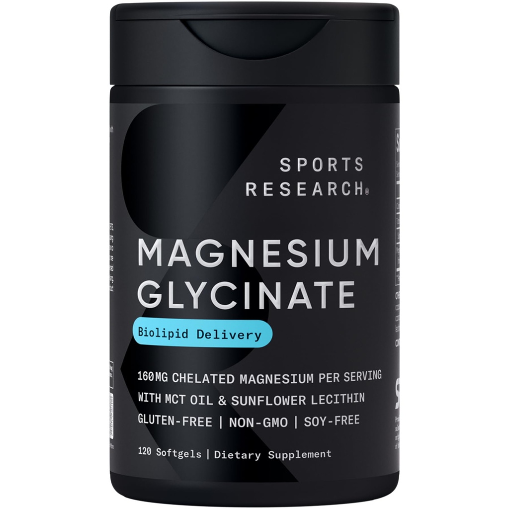 Sport Research® Magnesium Glycinate - Sosporta sonno e processi enzimatici - 160 mg Magnesio Chelato - Liquid Softgel - 120 Conte