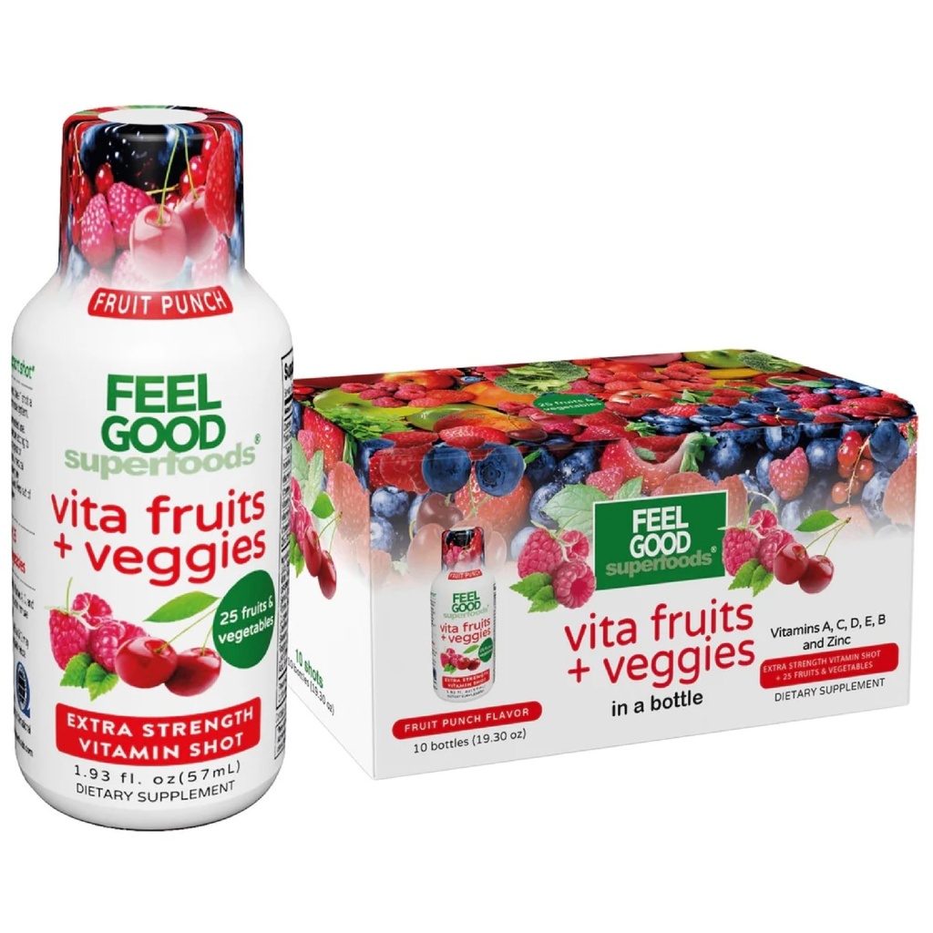 FeelGood Superfoods Vita Fruits and Veggies Immune Support Shot Supplements, Fruit Punch Flavor, Confezione da 10 Shot Immmuni, Sistema Immune Booster Drink Made with 25 Organic Fruit & Vegetas