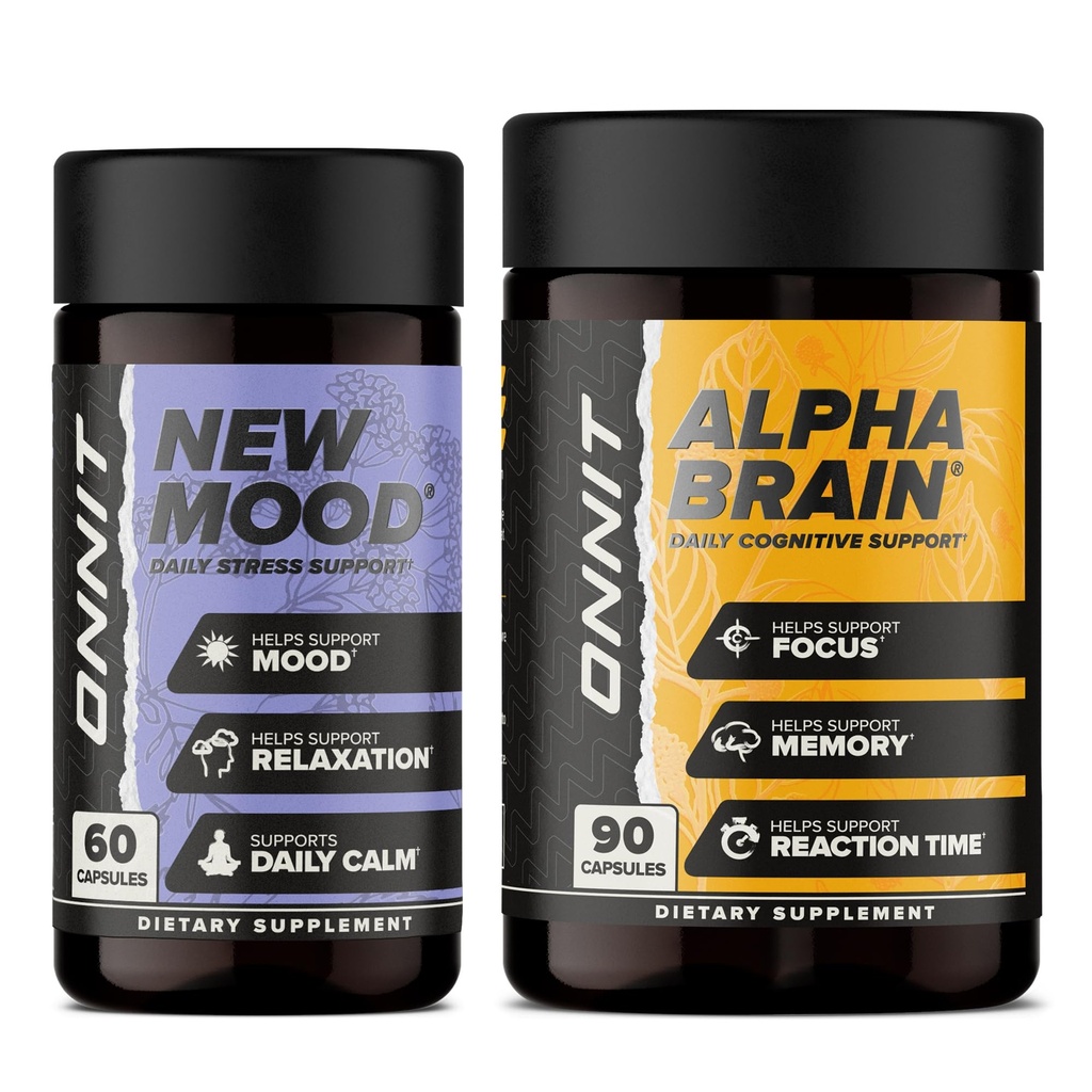 ONNIT Premium Alpha Brain Bundle - Nootropic Brain Supplement (90 Count) per Focus, Concentrazione e Memoria + Nuovo Mood Supplemento per Stress Relief, Sleep and Mood (60 Count)