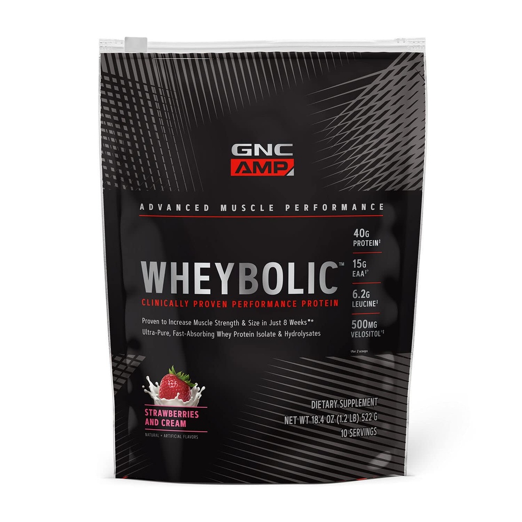 GNC AMP Wheybolic polvere proteica clinicamente provata, 40g proteine del siero, BCAA, leucina, aumenta la resistenza muscolare, costruzione del muscolo, 3 ° partito testato, senza glutine, fragole e crema, 10 Servings
