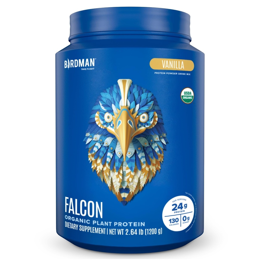 BIRDMAN Falcon Vegan Protein Powder Organic, Stevia & Sugar Free, Plant Based Protein, Low Carb, Dairy Free, Keto, Non Whey Protein, Probiotico, Pea Protein | Vanilla Flavor - 37 Servings - 2.64lb