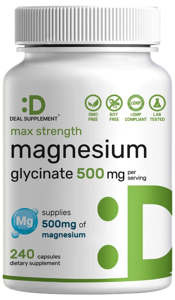 Max Forza Magnesio Glycinate 500mg Per Serving, 240 capsule | 100% Chelated per l'assorbimento facile | Supplemento minerale essenziale per muscolo, sonno, e salute del cuore