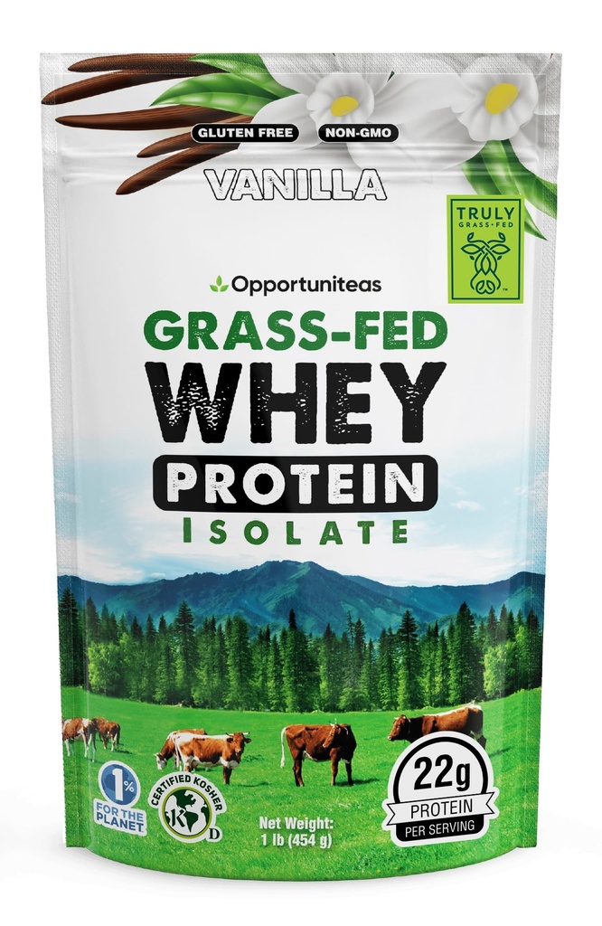 Polvere dell'isolato di proteine del siero di Vanilla dell'erba di Opportuniteas - polvere di proteine 22g senza dolcificanti artificiali, mucche senza ormoni, non OGM - 1lb
