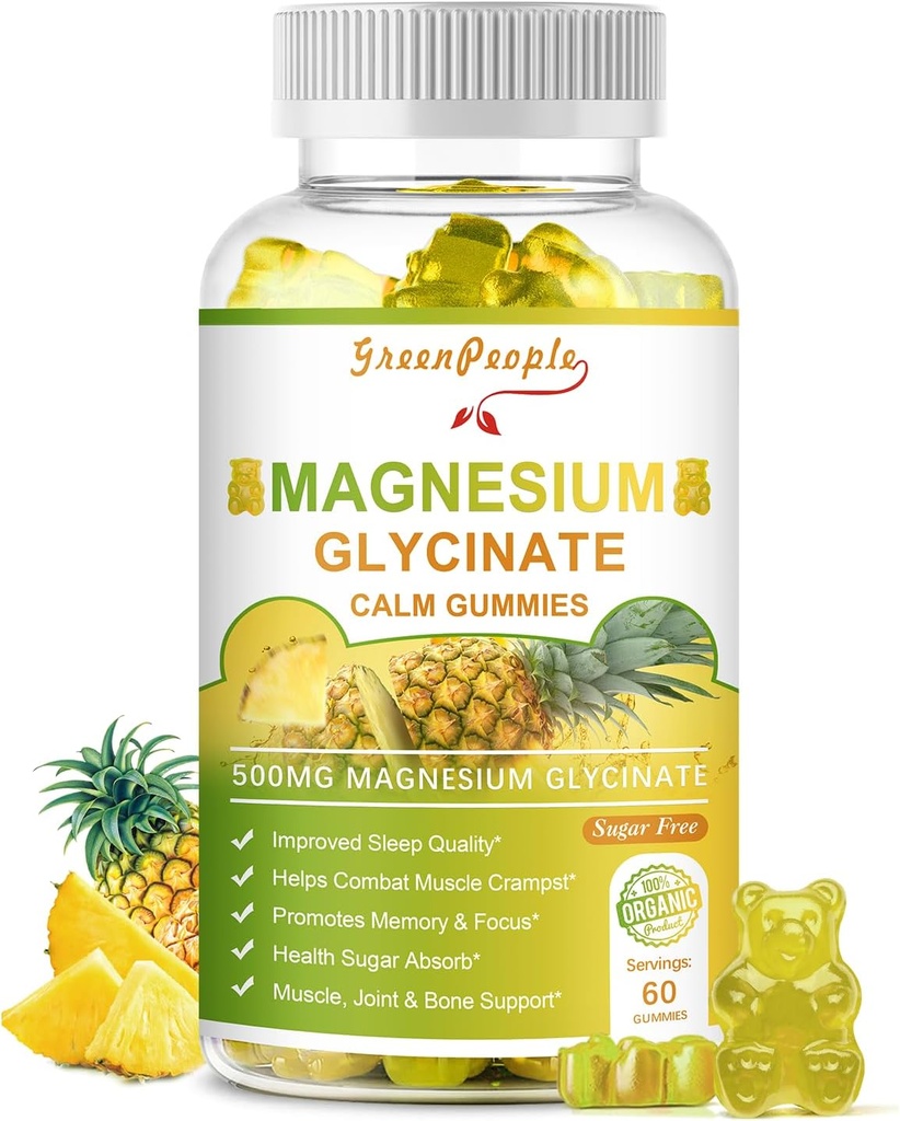 GREENPEOPLE Magnesio Glycinate Gummies con Citrato 1000mg, Taurate & Matale - Zucchero Libero - Magnesio Potassio Supplemento con Vitamina D, K2 per Calma Mood & Zzz Support - 60 Ananas Gummies