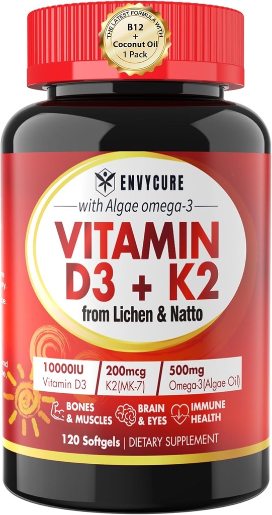 Vitamina D3 K2 Integratore Softgel - Vit D3 10000 Iu + Vitamin K2 Mk7 200 Mcg, Algae Omega-3, Magnesio, Vitamina B12 per Bone & Muscolo, Supporto immunitario, Assorbimento massimo, Facile da ingoiare 1 confezione