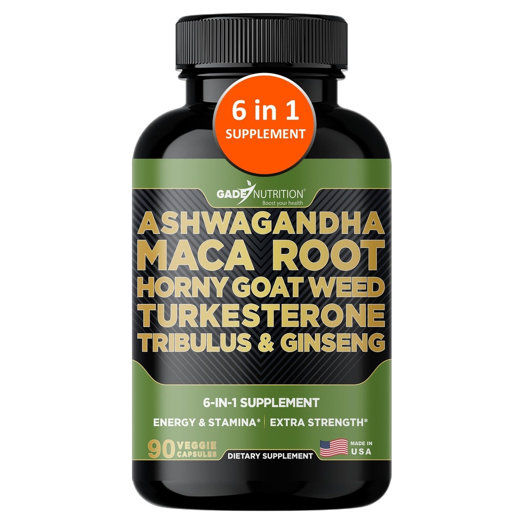 Gade Nutrition Ashwagandha con Maca Root, Horny Goat Weed, Turkesterone Supplement, Tribulus Terrestris, Panax Ginseng | 90 Capsule vegetali per energia, Stamina, Performance.