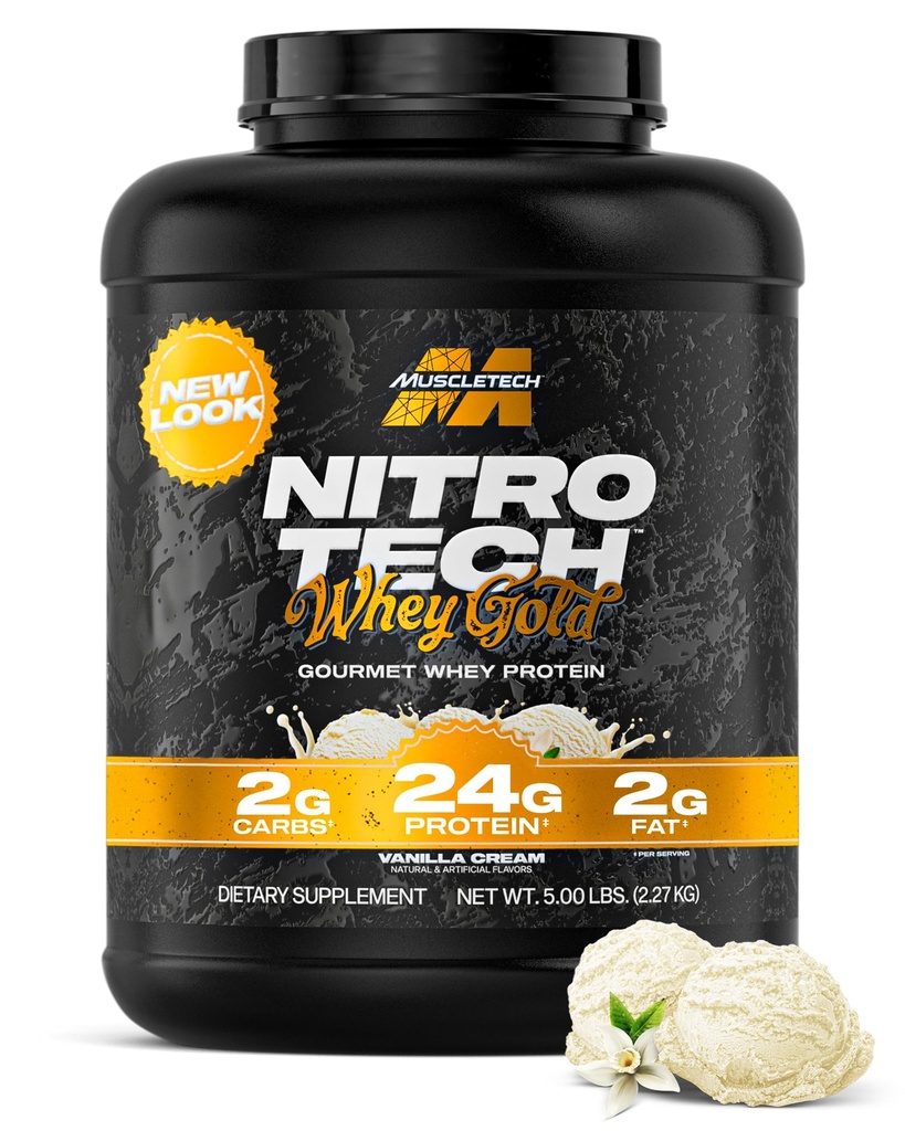 MuscleTech Whey Protein Powder (Vanilla Cream, 5LB) - Nitro-Tech Whey Protein Isolate Smoothie Mix per muscolare magra e recupero - 24g di Whey Gold per le donne e gli uomini - Packaging May Vary