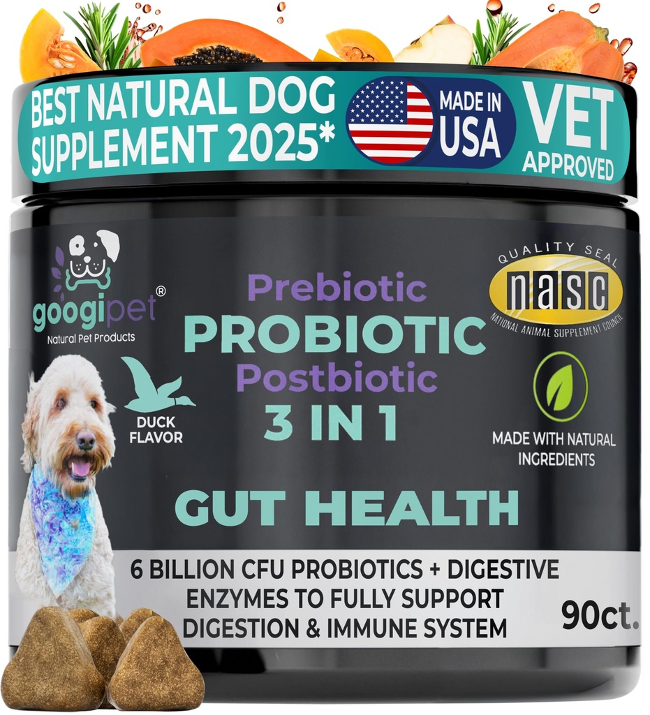 Googipet Probiotics for Dogs Digestive Health - Prebiotics and Probiotics Chews for Dogs Gut Health + Digestive Enzymes - Probiotici per la pelle di lievito Itchy Ears w/Papaya, Pumpkin, & Fiber
