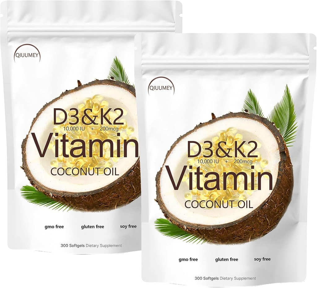 D3 + K2 Olio di cocco Gel Morbido, Vitamina D3 10000 iu Plus K2 (MK-7) 200 mcg, Vitamina D3 K2 Supplemento Softgels, Vitamina D3 K2 Olio di cocco Softgels 300 Gel