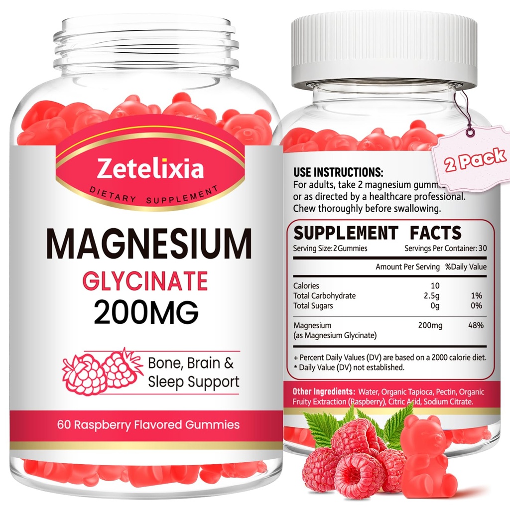 Magnesio Glycinate Gummies, Alto assorbimento Magnesio Glycinate Integratori per Rilassamento, Magnesio Chews per Adulti e Bambini, Raspberry Flavor 120 Conte