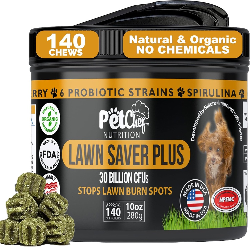 Pet Chef Lawn Saver, Soft Chew, Vegan Bacon! Canine Urine Yard Burn Stopper. Dog PH Urine Neutralizer. Costruisce Yards, protegge il danno delle piante e aiuta a crescere iarde. Previene i danni di Yard Pee