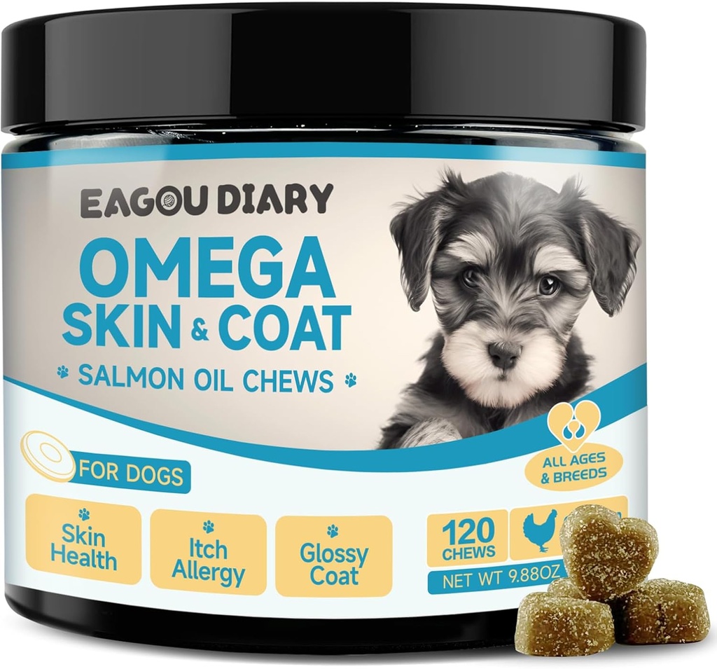 EagouDiary Salmon Oil Chews for Dogs,Omega 3 Skin & Coat Supplemento per cani con acidi grassi EPA & DHA, Angelica, Metionina, Vitamins,Minerals for Itchy Skin & Allergy Relief (120Ct)