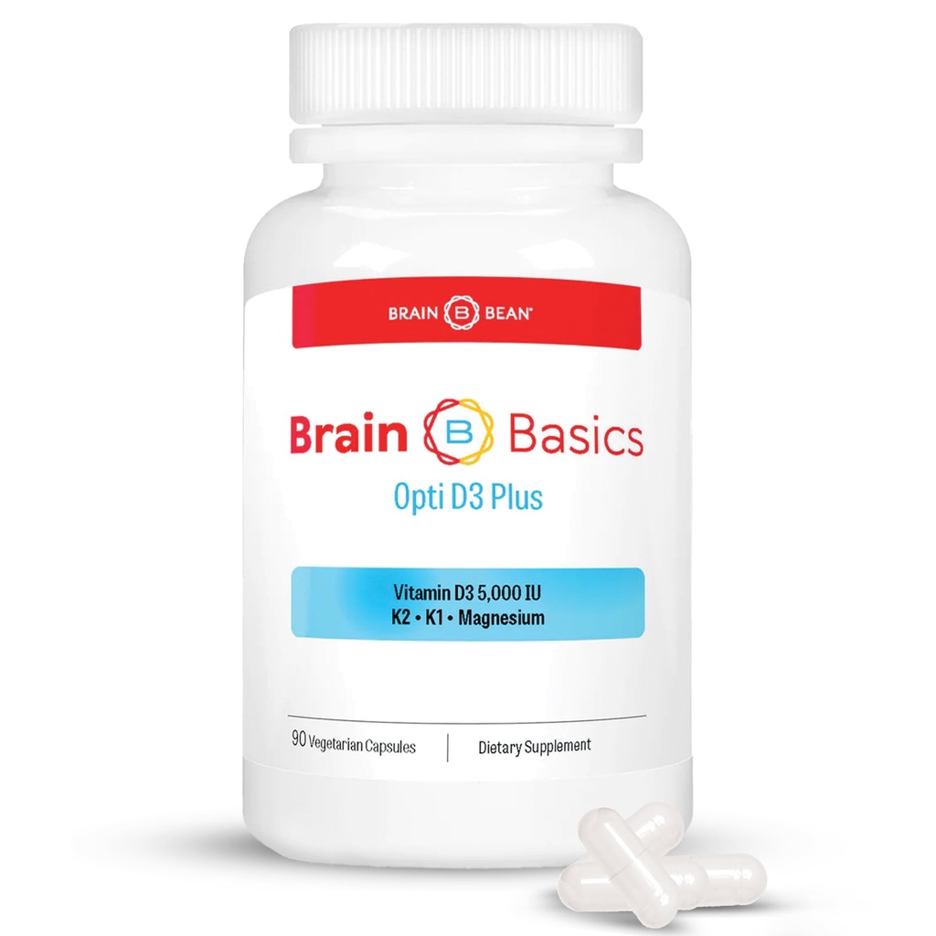 Opti di base del cervello D3 Plus - Vitamina D3 5000 IU con K1, K2, e Magnesio - Integratore di supporto del cervello per Mood, Mente, Memoria - Bone, Muscolo e Salute Immune - Gluten Free, Soy Free e Dairy Free