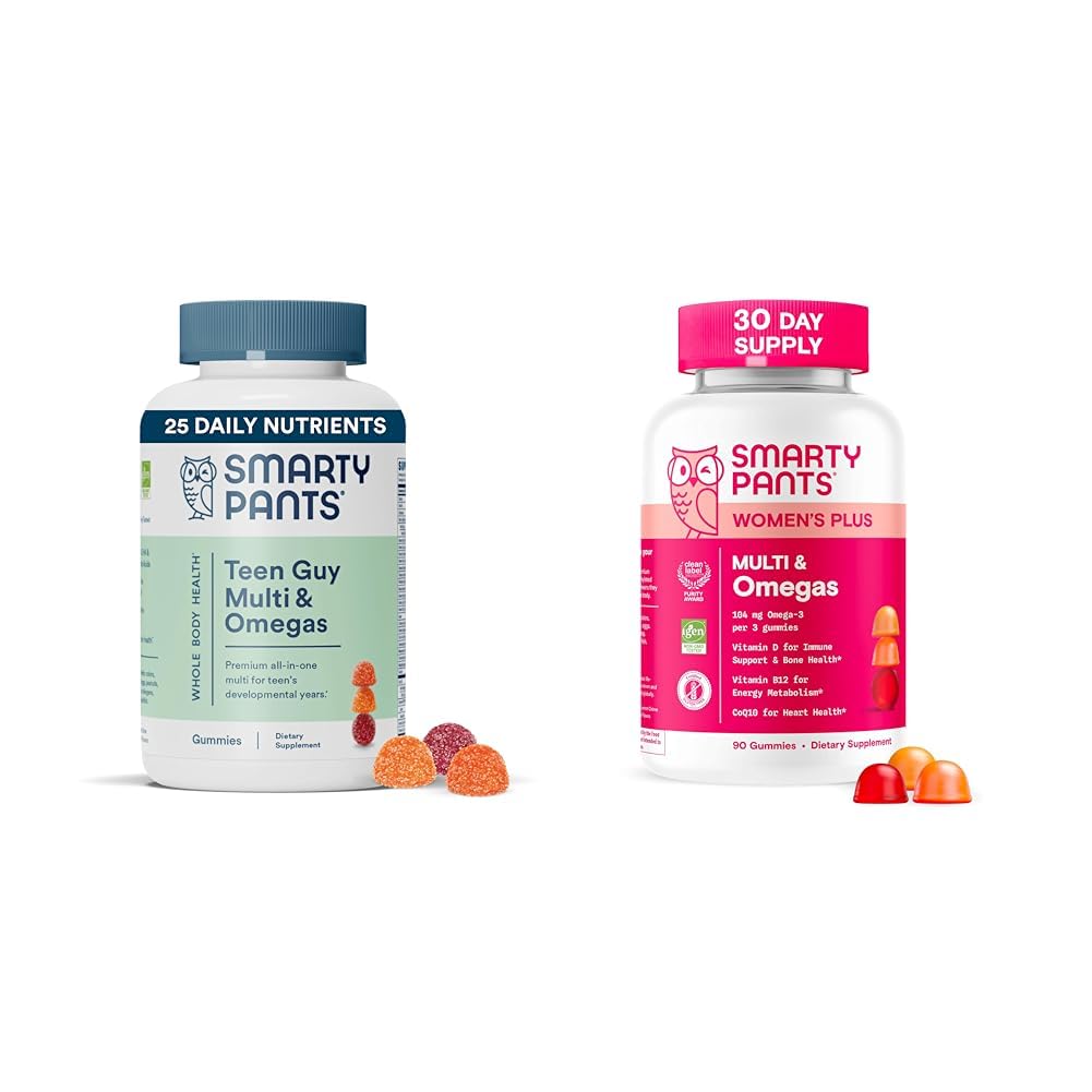 SmartyPants Women's and Teen Guy Multivitamin Gummies Bundle: Omega 3 (DHA/EPA), Methylfolate, CoQ10, Vitamina D3, C, Vitamina B12, B6, Vitamina A, K & Zinc, Gluten Free (30 giorni di alimentazione)