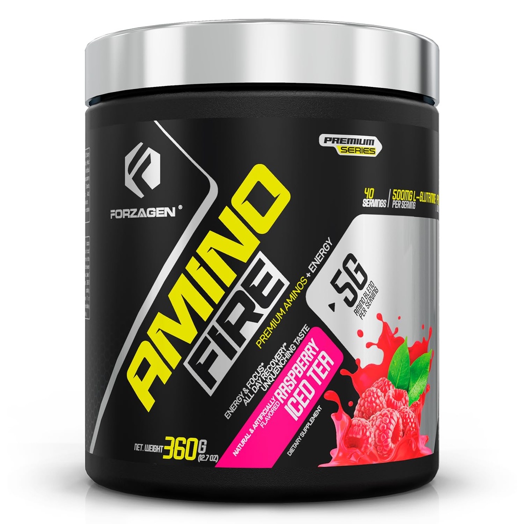 Forzagen Amino Fire | Polvere di energia amino essenziale per il pre-allenamento | BCAA Boost & Muscle Recovery Drink Mix, Migliorare la concentrazione e la concentrazione, Integratore alimentare | Raspberry Ice Tea, 40 Serve
