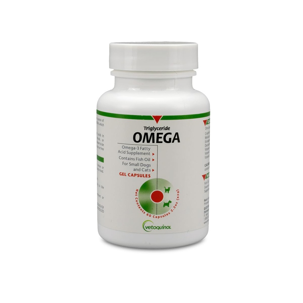 Vetoquinol Triglyceride Omega 3 Supplemento per cani e gatti, Fish Oil Supplement con EPA e DHA, promuove la pelle, cappotto, Joint e Immune Health, Omega 3 Fish Oil per cani e gatti fino a 30lbs, 60ct
